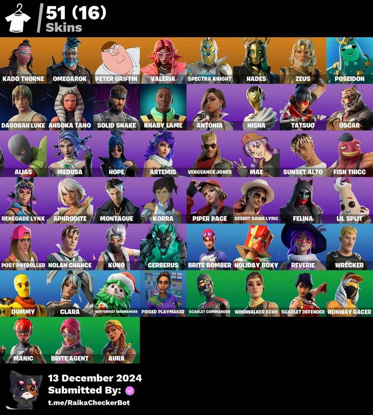 [PC/XBOX/PSN] 51 skins | Kado Thorne | Omegarok | Peter Griffin | Valeria | Spectra Knight | Hades | Zeus | 300 VB   #FN257